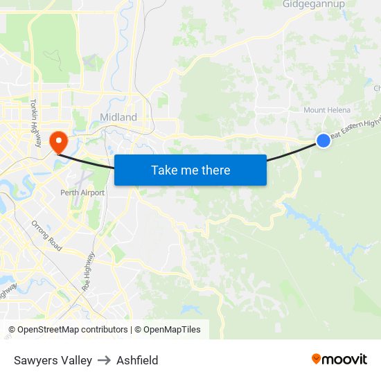 Sawyers Valley to Ashfield map