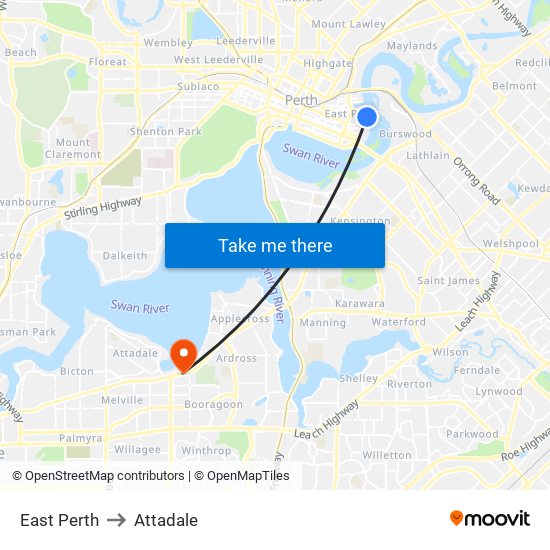 East Perth to Attadale map