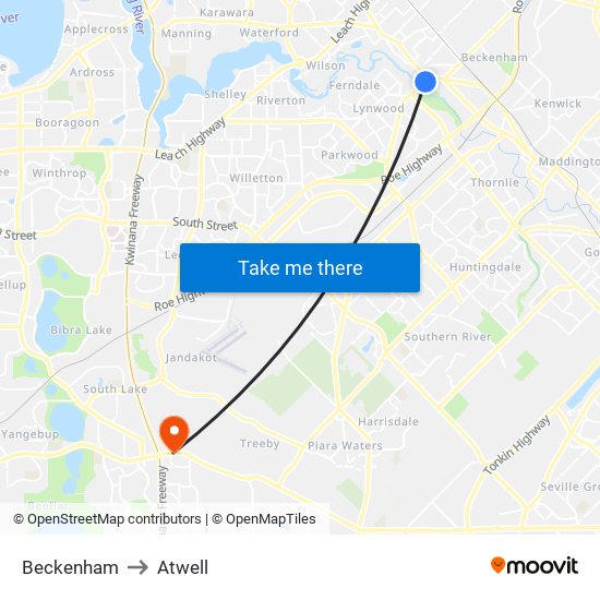 Beckenham to Atwell map