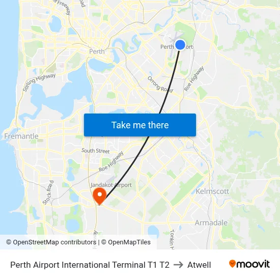 Perth Airport International Terminal T1 T2 to Atwell map