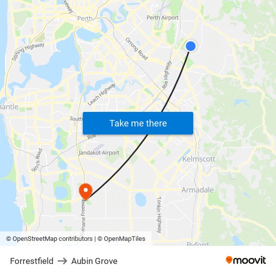 Forrestfield to Aubin Grove map