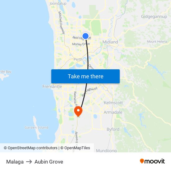 Malaga to Aubin Grove map