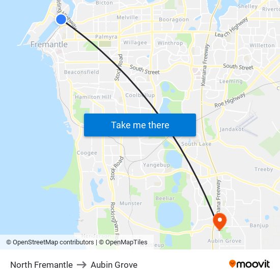 North Fremantle to Aubin Grove map