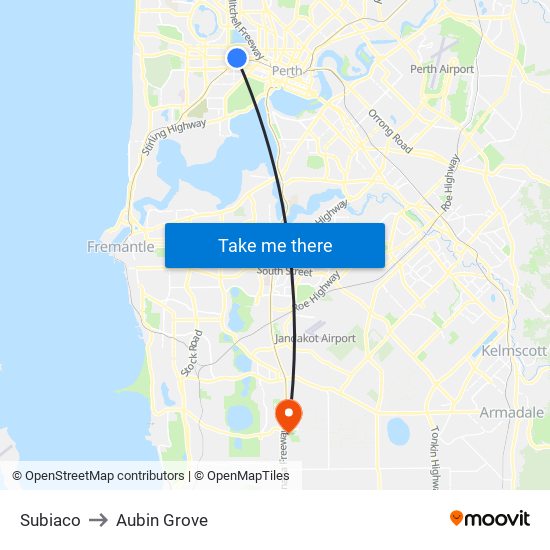 Subiaco to Aubin Grove map