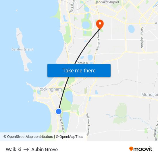 Waikiki to Aubin Grove map