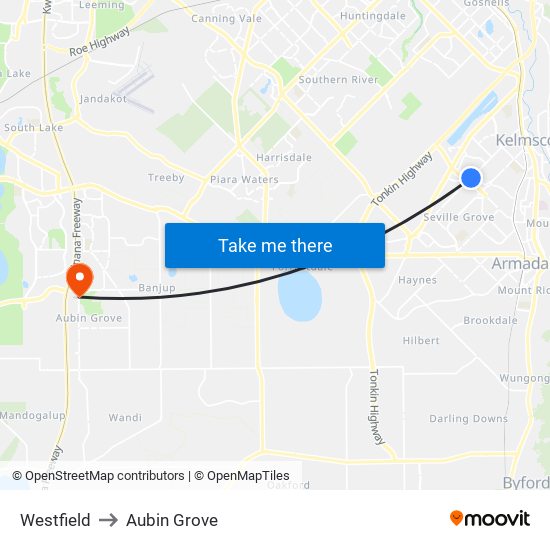 Westfield to Aubin Grove map