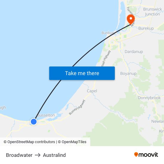 Broadwater to Australind map