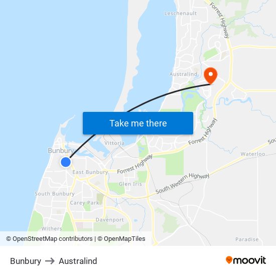 Bunbury to Australind map