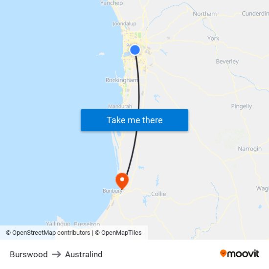 Burswood to Australind map