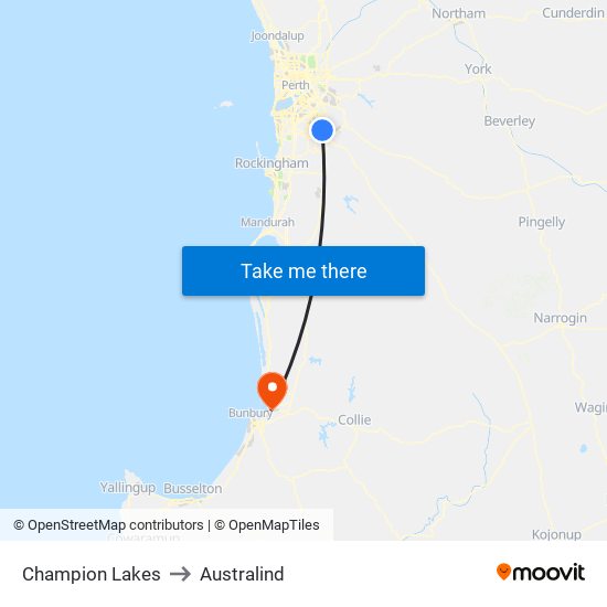 Champion Lakes to Australind map