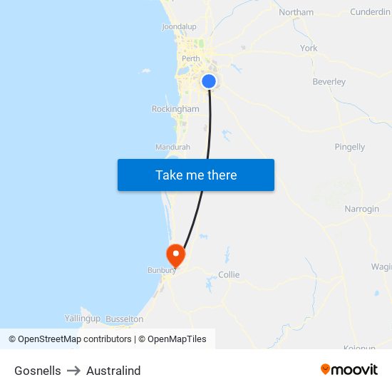 Gosnells to Australind map