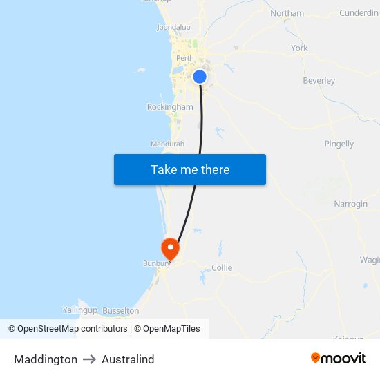 Maddington to Australind map