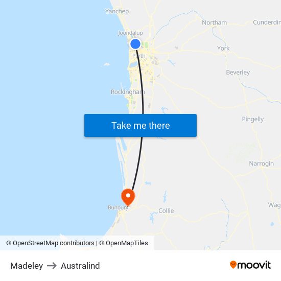 Madeley to Australind map