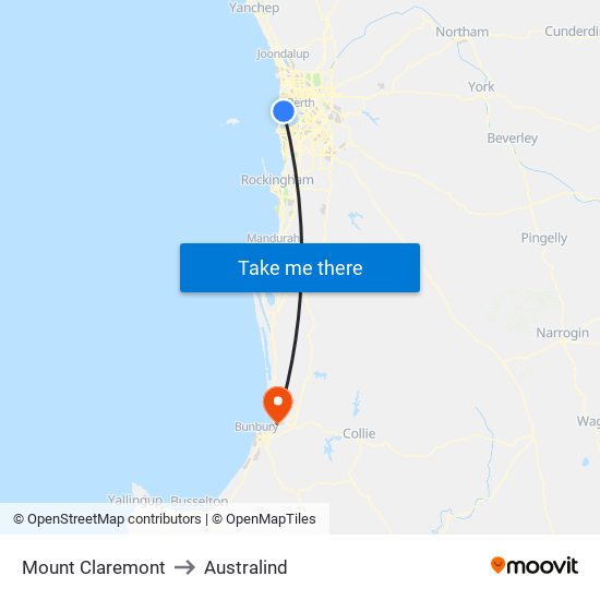 Mount Claremont to Australind map