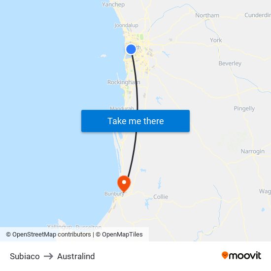 Subiaco to Australind map