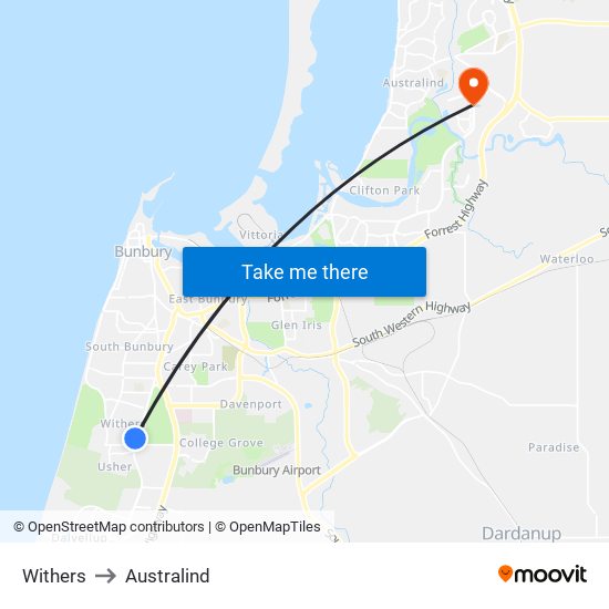 Withers to Australind map