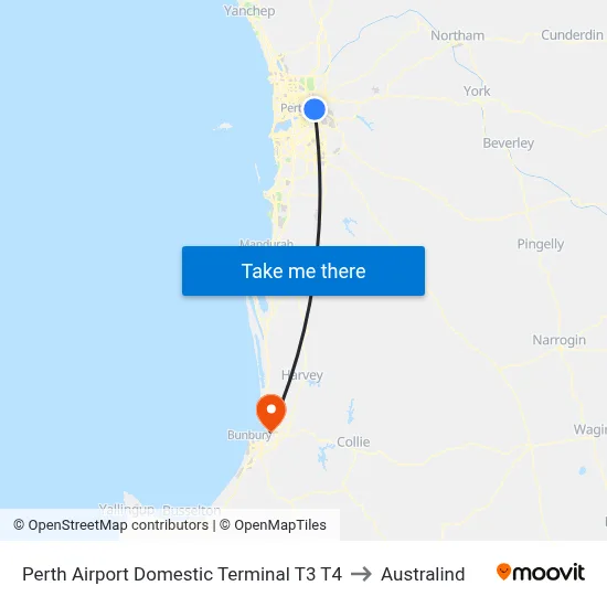 Perth Airport Domestic Terminal T3 T4 to Australind map