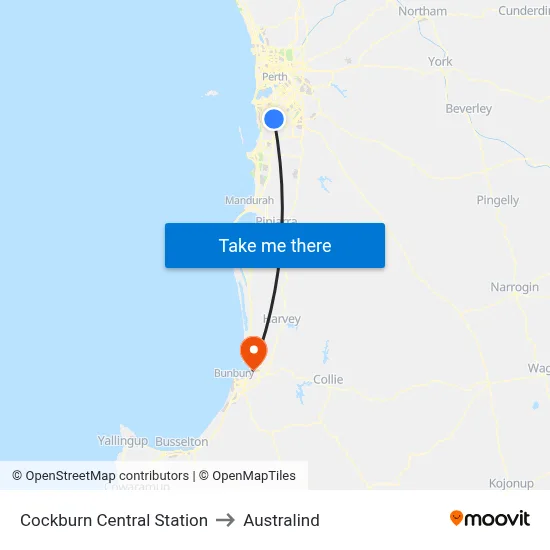 Cockburn Central Station to Australind map