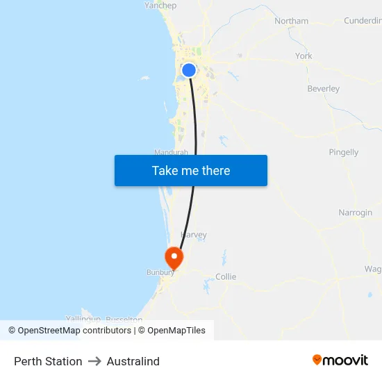 Perth Station to Australind map