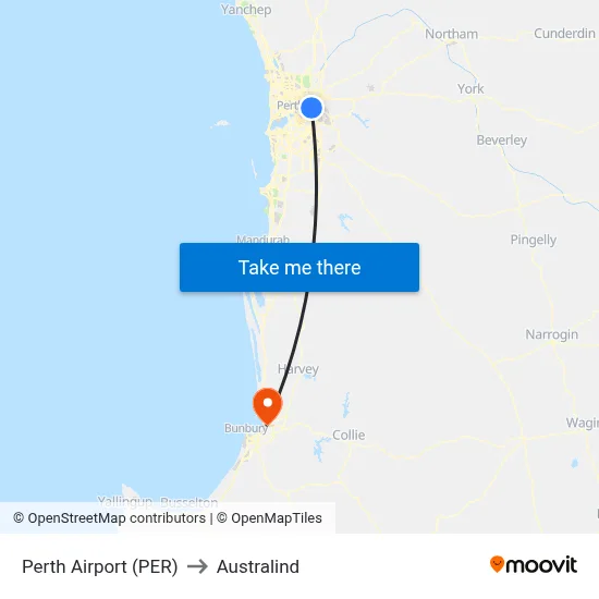 Perth Airport (PER) to Australind map