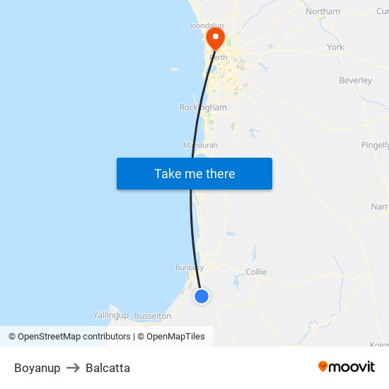 Boyanup to Balcatta map