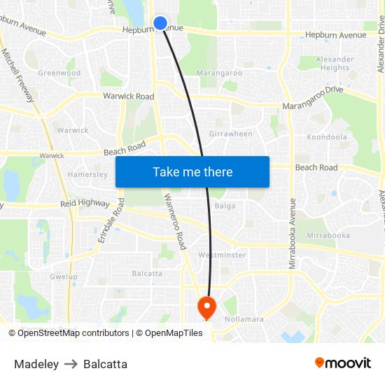 Madeley to Balcatta map