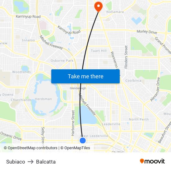 Subiaco to Balcatta map