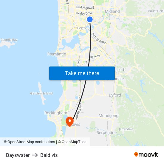 Bayswater to Baldivis map