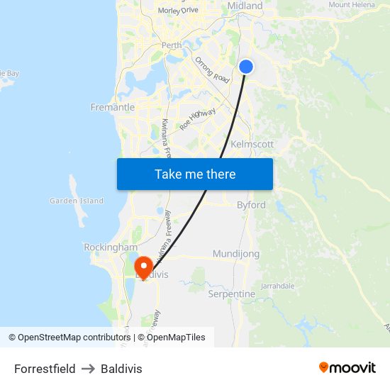 Forrestfield to Baldivis map