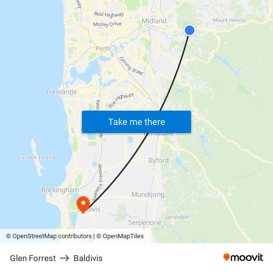Glen Forrest to Baldivis map