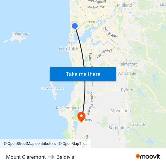 Mount Claremont to Baldivis map