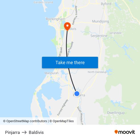 Pinjarra to Baldivis map