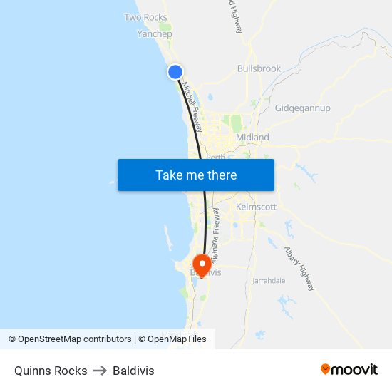 Quinns Rocks to Baldivis map