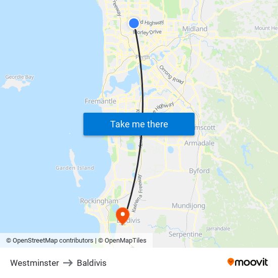 Westminster to Baldivis map
