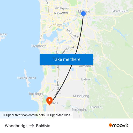 Woodbridge to Baldivis map