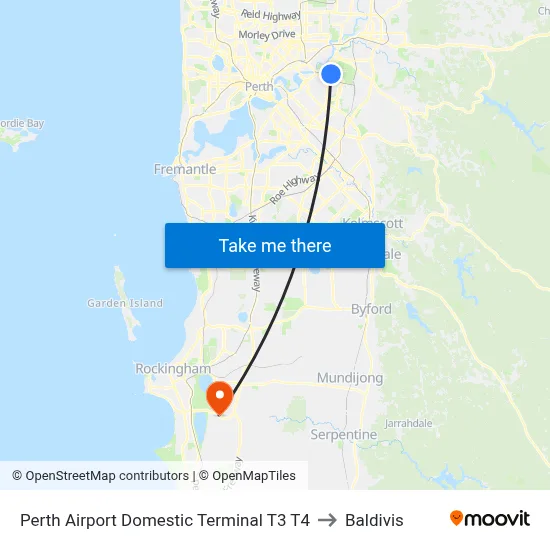 Perth Airport Domestic Terminal T3 T4 to Baldivis map