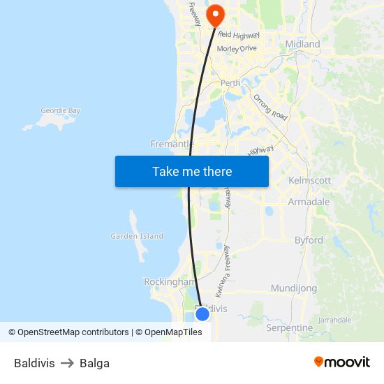 Baldivis to Balga map