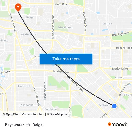 Bayswater to Balga map