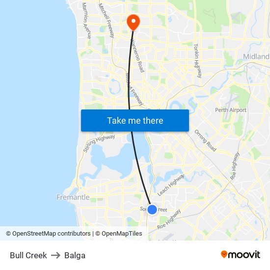 Bull Creek to Balga map