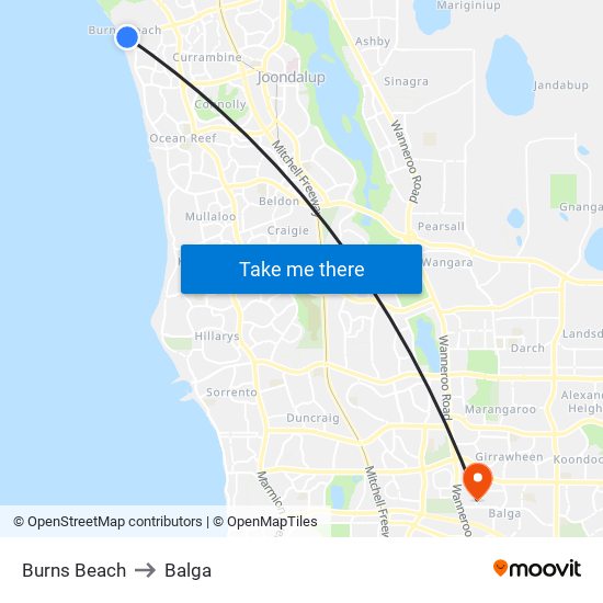 Burns Beach to Balga map