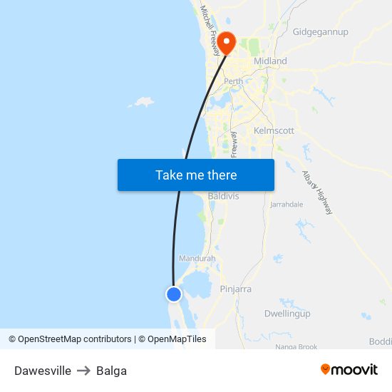 Dawesville to Balga map