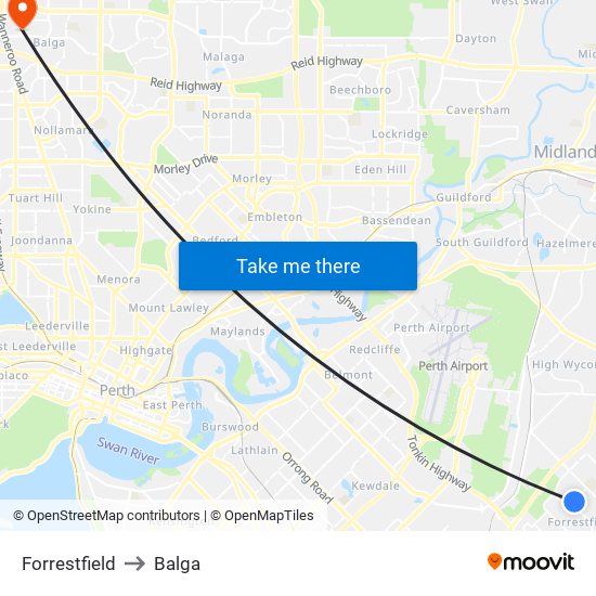 Forrestfield to Balga map