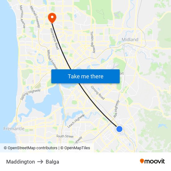 Maddington to Balga map