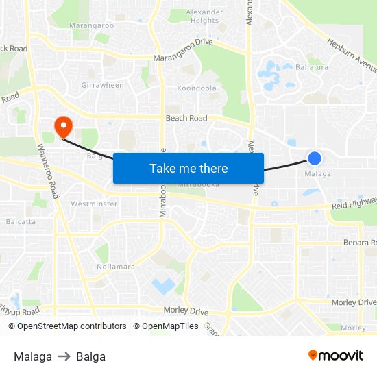 Malaga to Balga map