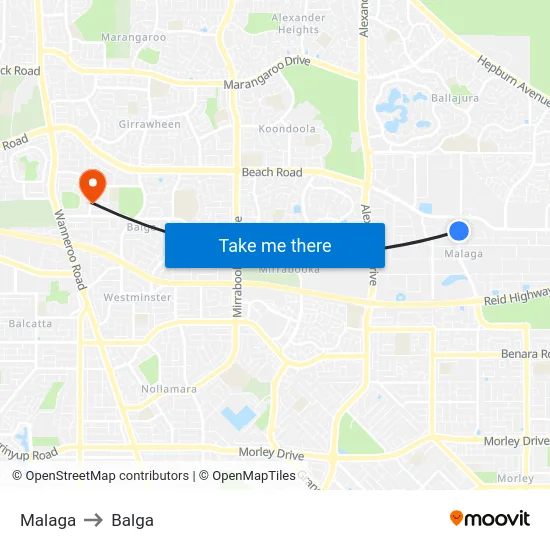 Malaga to Balga map