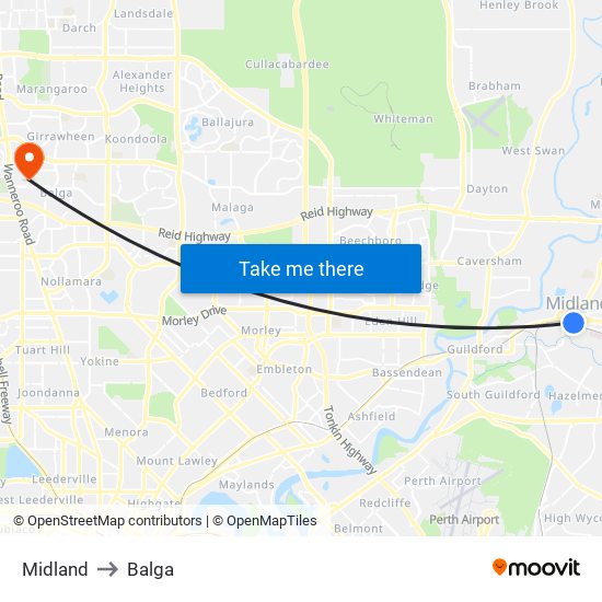 Midland to Balga map