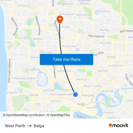 West Perth to Balga map