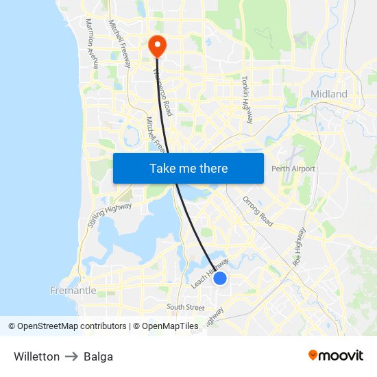 Willetton to Balga map