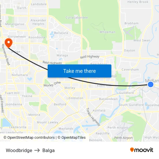 Woodbridge to Balga map