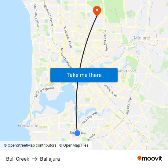 Bull Creek to Ballajura map